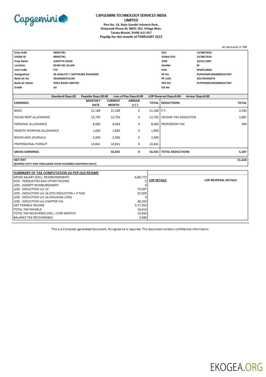 Modèle de fiche de paie Capgemini Technology Services India aux formats Word et PDF.pdf, 1